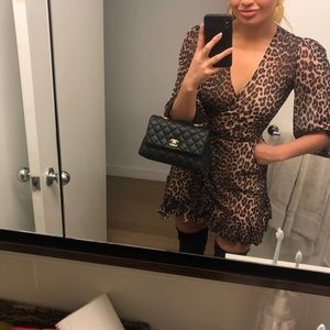 GANNI wrap cheetah print dress with puff sleeves and ruffle hem sz S